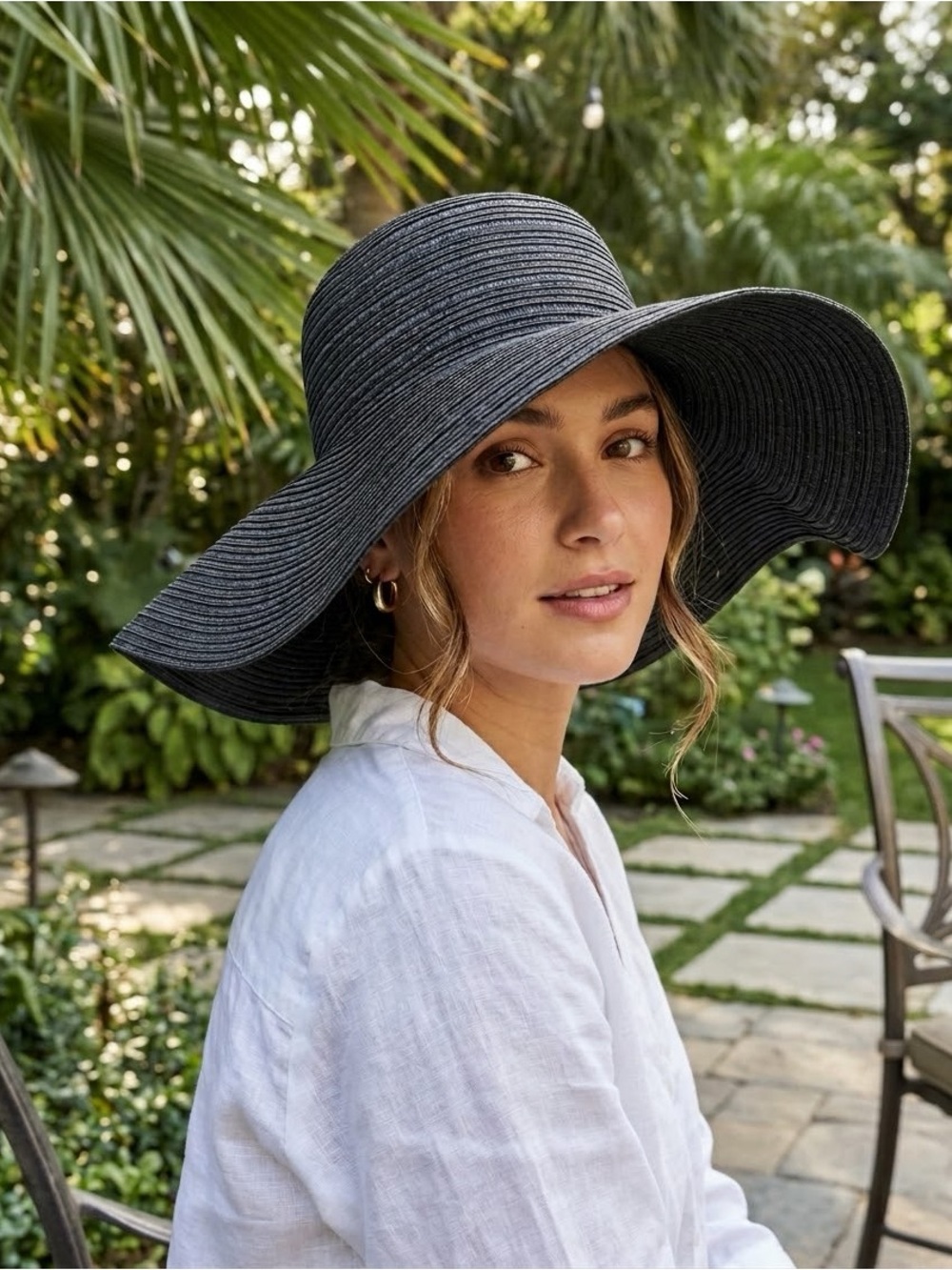 NWT Time and Tru Wide-Brim Floppy Foldable Straw Sun Hat Black OS Packable